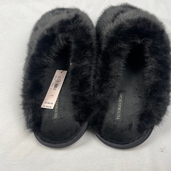 NWT Victoria's Secret Signature Satin Faux Fur Slippers Black Size L 9-10 - Picture 8 of 13